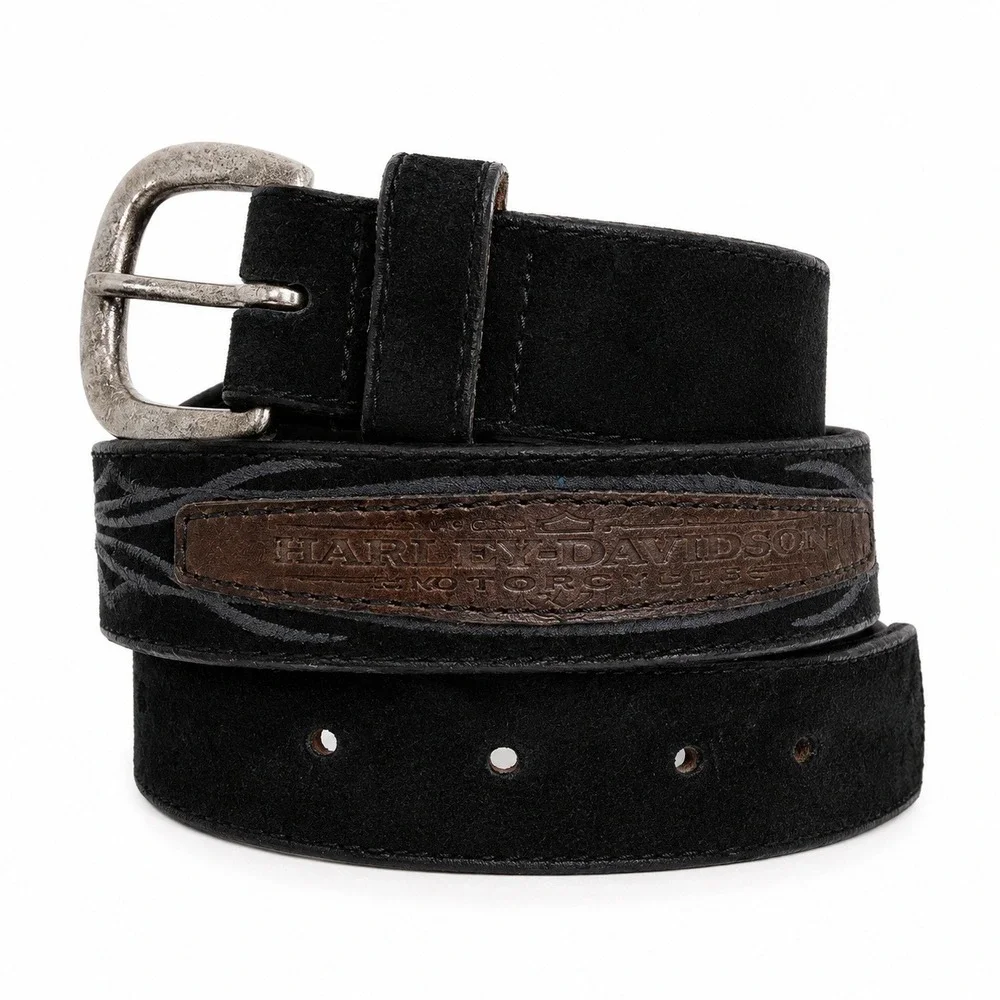 Harley Davidson Sz M Belt Suede Leather Biker Logo Solid Brass 97512-00VW Black